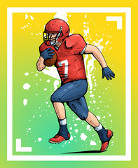 Vector illustration of a rugby player running with the ball. Beautiful sport themed poster. Team sports, american football player. Abstract background