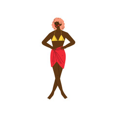 Beautiful African American Girl in Swimsuit and Pareo, Young Woman Wearing Bathing Suit Enjoying Summer Vacation Vector Illustration