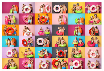 Set of happy couples with bright inflatable rings on color background