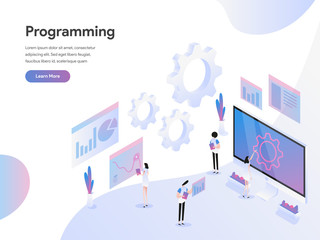 Landing page template of Computer Programming Isometric Illustration Concept. Modern Flat design concept of web page design for website and mobile website.Vector illustration