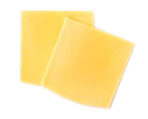Slices of cheese for burger isolated on white, top view