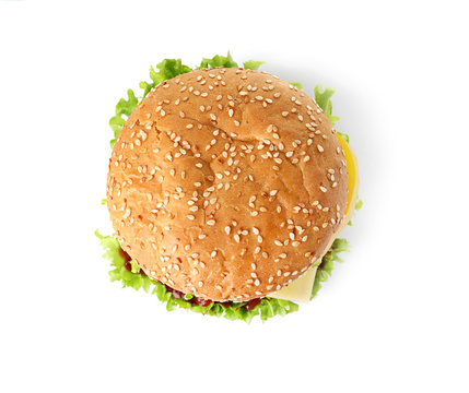 Tasty fresh burger isolated on white, top view
