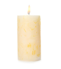 Alight color wax candle on white background
