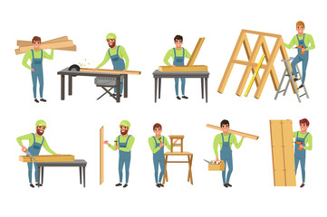 Professional Carpenters Characters Set, Men in Uniform Cutting Wooden Planks with Saw and Building Wooden Constructions Vector Illustration