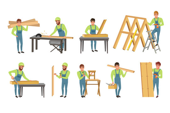 Professional Carpenters Characters Set, Men in Uniform Cutting Wooden Planks with Saw and Building Wooden Constructions Vector Illustration