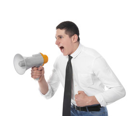 Portrait of emotional businessman using megaphone on white background
