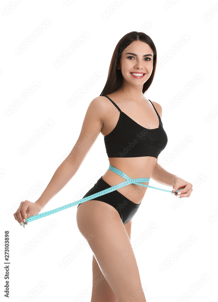 Sticker attractive young woman with slim body measuring her waist on white background