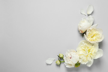 Naklejka na ściany i meble Beautiful peony flowers on grey background, top view