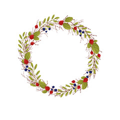 Wreath of thin branches with leaves. Vector illustration on white background.