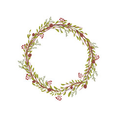 Wreath of thin branches of bushes with leaves. Vector illustration on white background.