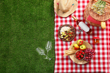 Flat lay composition with picnic basket and products on checkered blanket outdoor, space for text