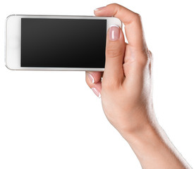 close up hand hold phone isolated on white, mock-up smartphone white color blank screen