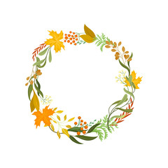 Autumn wreath of leaves. Vector illustration on white background.