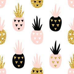Creative seamless pattern with pineapple in pastel and gold glitter texture. Scandinavian stylish background. Vector illustration in nordic style