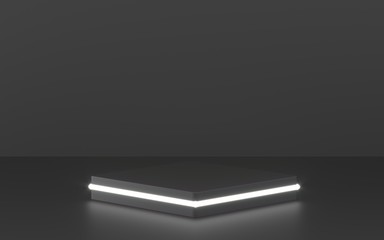 Round podium, pedestal or platform, illuminated by led spotlights. illustration. Bright lightpodium. Advertising place. Blank product stand and with light. Empty showcase. 3d Rendering.