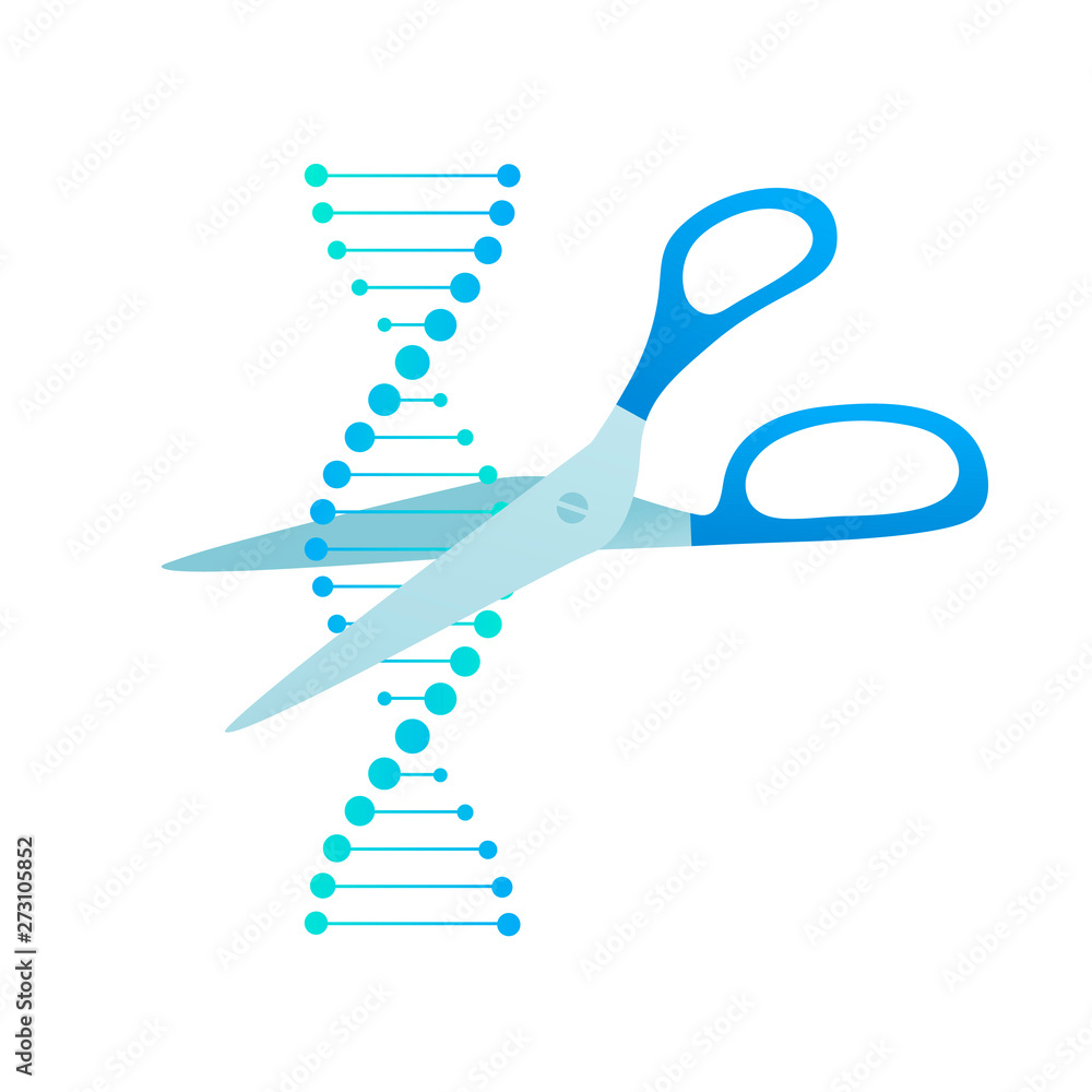 Poster vector science design elements. flat blue gradient dna spiral symbol and scissors isolated on white.