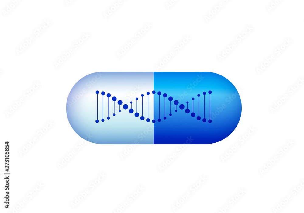 Poster vector science design elements. flat blue gradient dna spiral symbol in 3d pill isolated on white. c