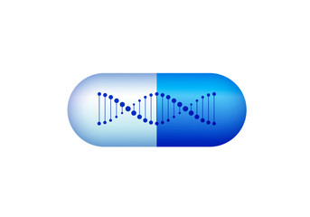 Vector science design elements. Flat blue gradient DNA spiral symbol in 3d pill isolated on white. Concept of gmo, gene modification. Design for scientific banner, poster, logo, infographic, web