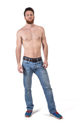 Fototapeta premium man shirtless and with blue jeans on white background