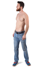 Fototapeta premium man shirtless and with blue jeans on white background