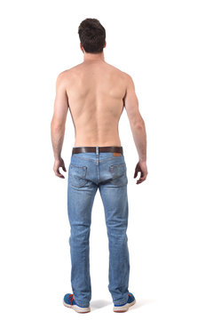 back view of a shirtless man on white