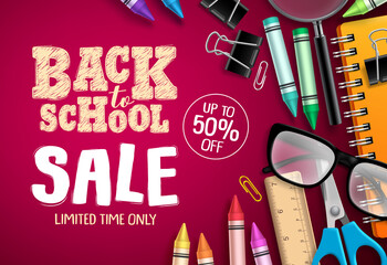 Back to school sale banner vector design in red background with school supplies and education elements for store discount promotion. Vector illustration 