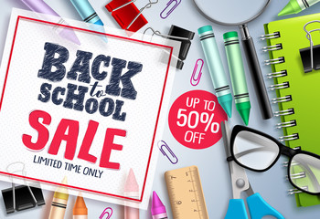 Back to school sale vector banner design. School items and educational elements with sale discount text in white frame. Vector illustration. 