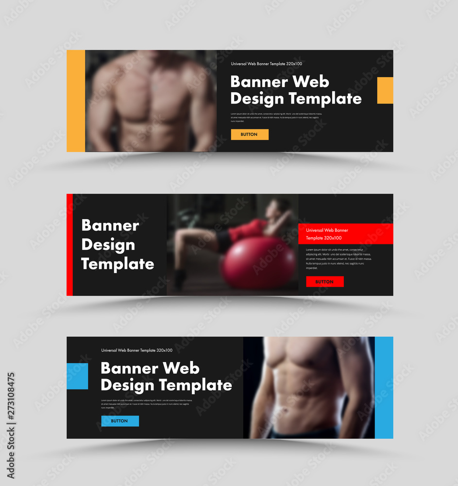 Poster Set of vector horizontal black web banners with place for photo and color design elements and buttons.