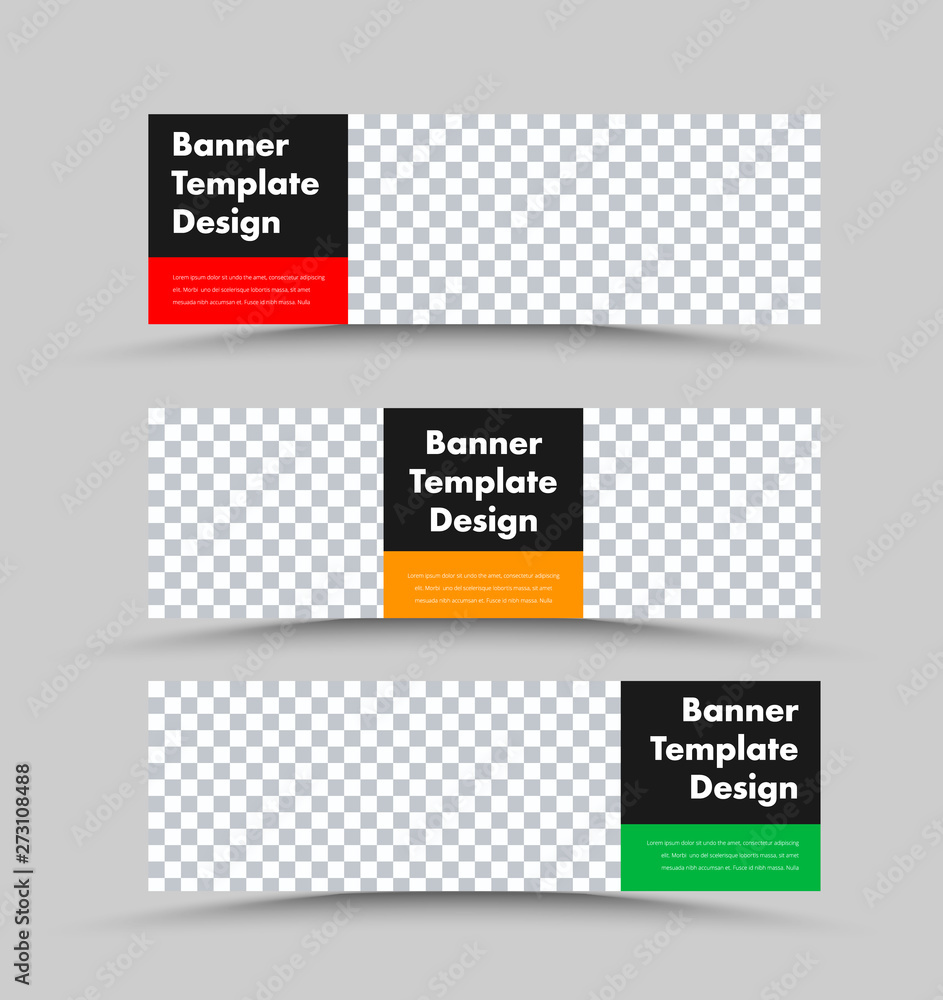 Aufkleber black vector horizontal web banner templates with photo space and colored rectangles for text.