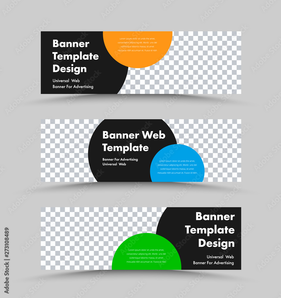 Poster Vector horizontal web banner templates with place for photo and black circle for header, color for text.