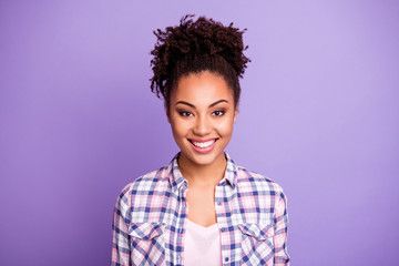 Close-up portrait of her she nice-looking charming cute attractive shine winsome lovely lovable cheerful cheery wavy-haired girl wearing checked shirt isolated over violet purple pastel background