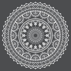 Mandala retro lace vector pattern, round design with flowers and swirls in white on gray background