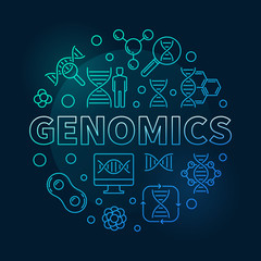 Genomics vector round blue concept outline illustration on dark background