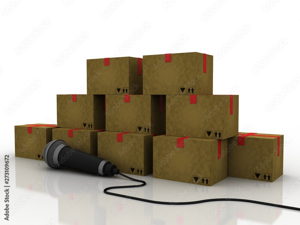Poster 3d rendering cardboard boxes with mic