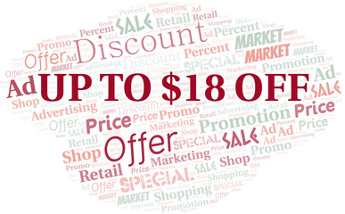 Fototapeta premium Up To $18 Off word cloud. Wordcloud made with text only.