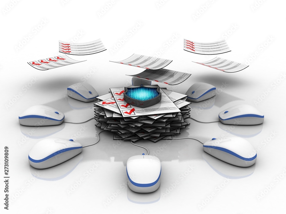 Poster 3d rendering documents connected mouse on shield