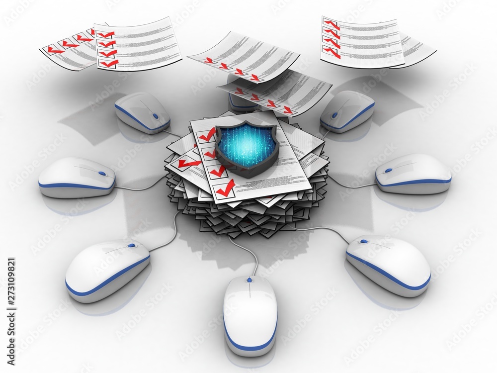 Poster 3d rendering documents connected mouse on shield
