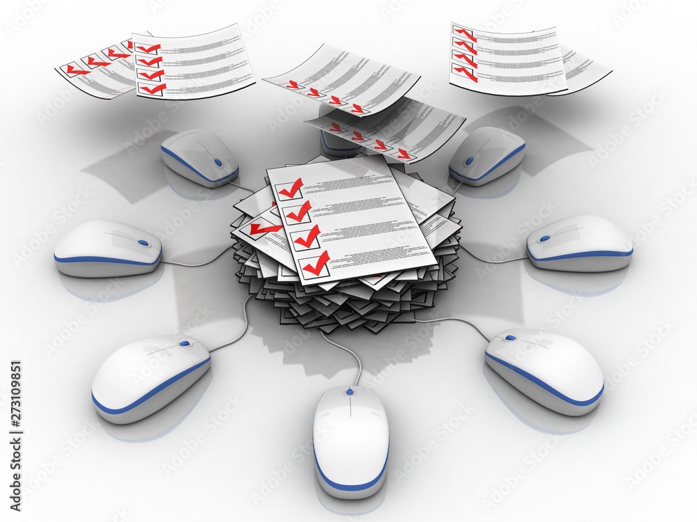 Poster 3d rendering documents connected mouse