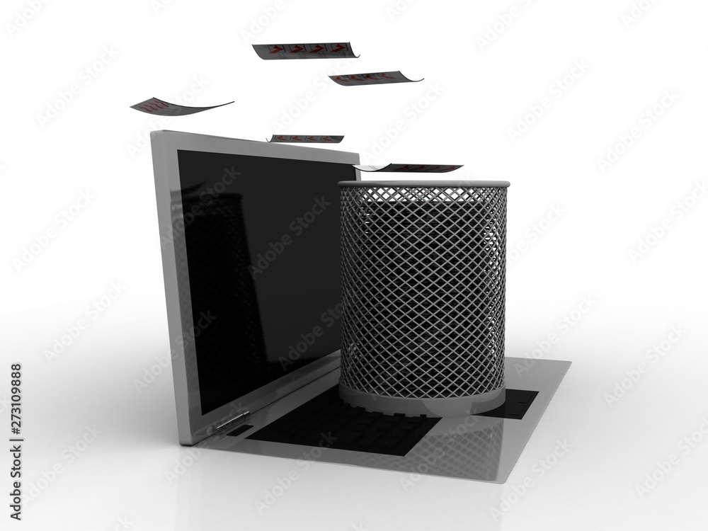 Poster 3d rendering laptops with mail envelops in recycle bin