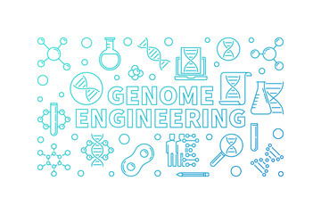 Genome Engineering vector blue outline horizontal illustration or banner on white background