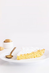 Close up of Almond cake slice. Cake Texture background.