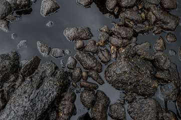 Oil sludge contaminating the sea during the oil spill disaster in Samet Island, Rayong, Thailand.