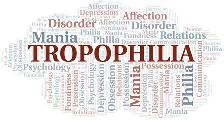 Tropophilia word cloud. Type of Philia.