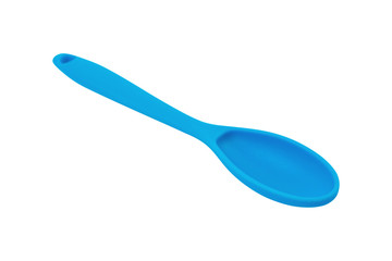 Blue rubber or silicone spoon with plastic handle for confectionery isolated on white background