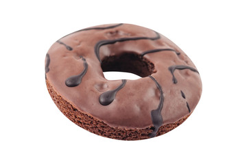 One yummy circle baked donut with hole and decorated of chocolate frosting isolated on white background