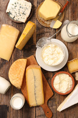 dairy products with yogurt, cheese, milk