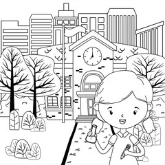 Fototapeta premium School building and girl cartoon design