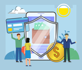 Online money, wallet security. People stand near big shield covering phone, online wallet. Poster for web page, banner, social media, presentation. Flat design vector illustration