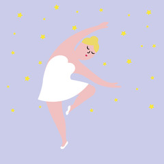 Happy plus size dancing girl. Body positive concept vector illustration.