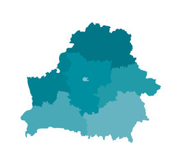 Obraz premium Vector isolated illustration of simplified administrative map of Belarus. Borders of the regions. Colorful blue khaki silhouettes